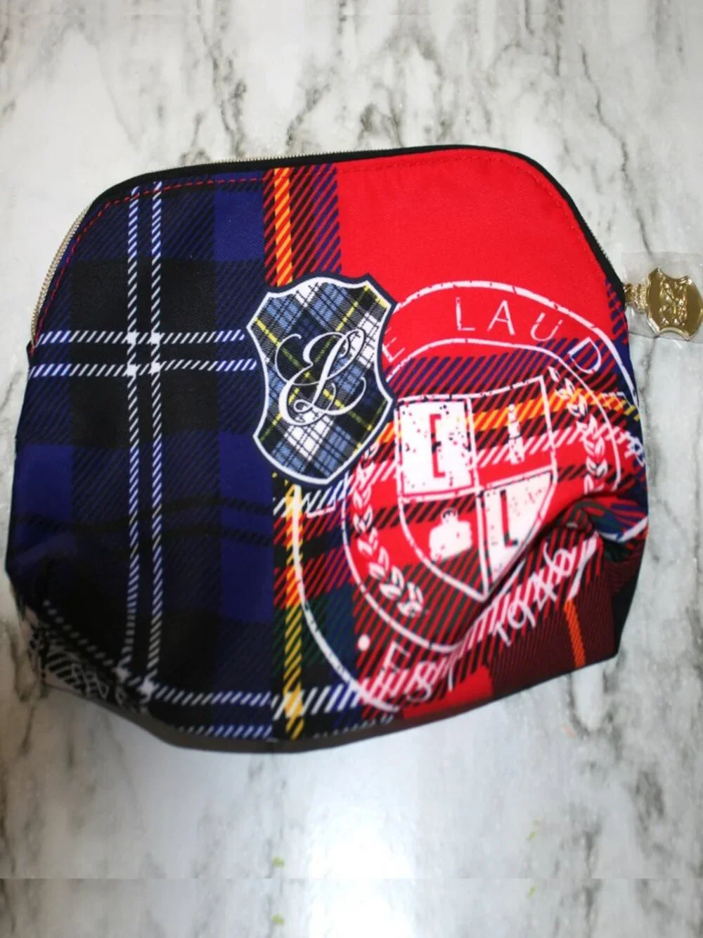 ESTEE LAUDER Makeup Bag Cosmetic Pouch Tartan Plaid Holiday Edition Red Blue